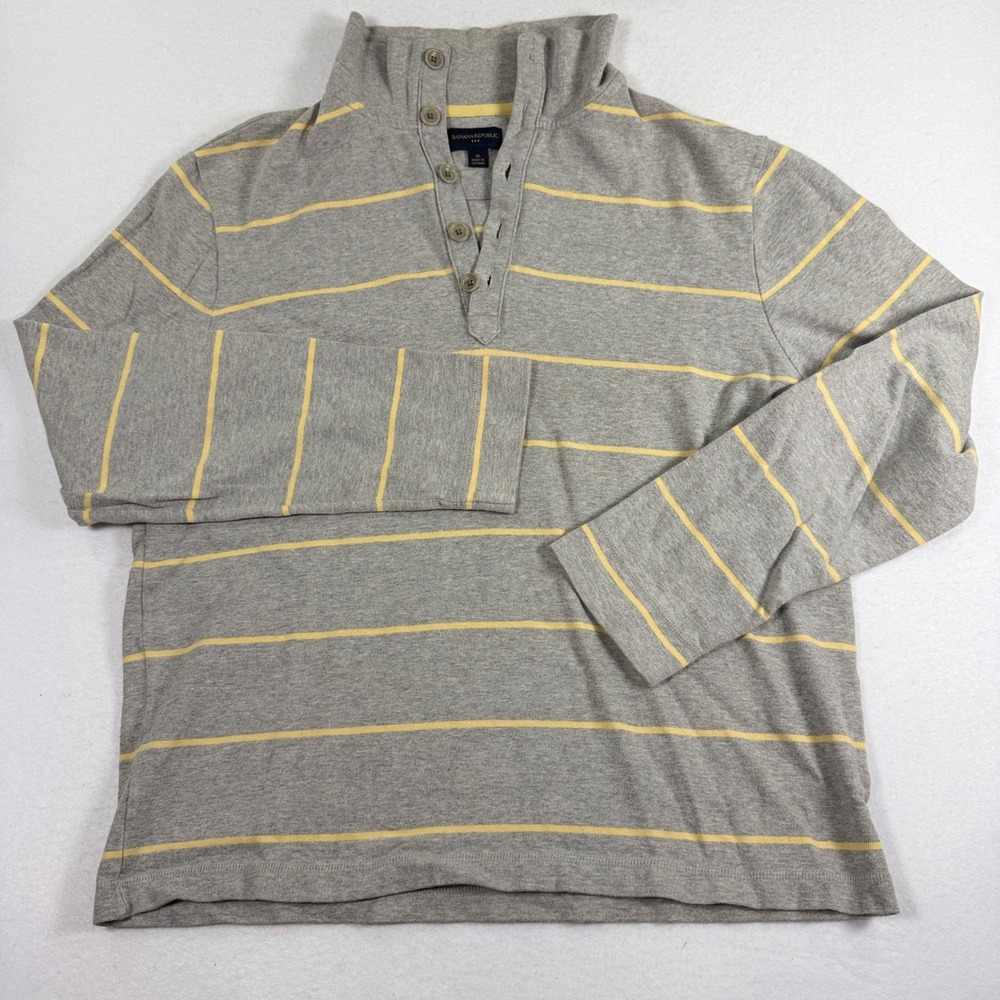 Banana Republic Jersey Knit Henley Polo Shirt Mens XL Grey Yellow Striped 2009
